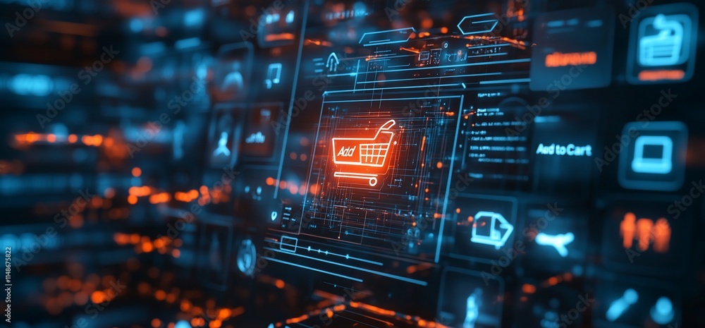 Aufkleber digital shopping interface with cart icon and glowing data elements.