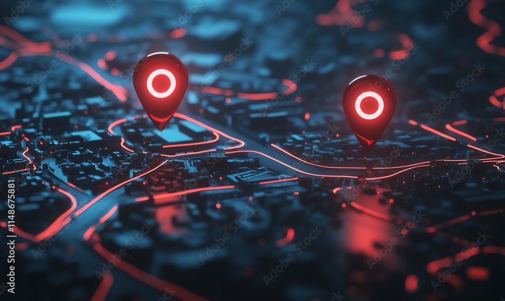 Poster digital map with location pins highlighted in a futuristic style.