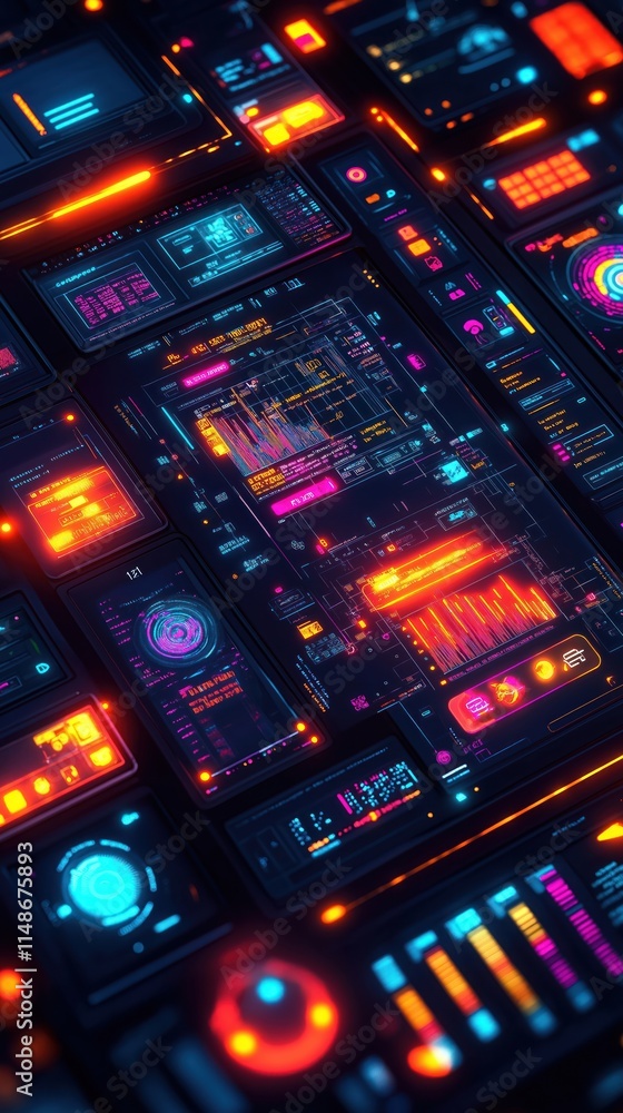 Poster abstract tech design concept shows various screens with colorful graphical tools, coding elements. m
