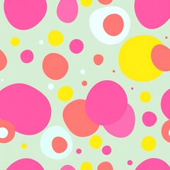 Colorful Circles Seamless Pattern: Abstract geometric pattern featuring vibrant pink, yellow, and coral circles on a soft green background.