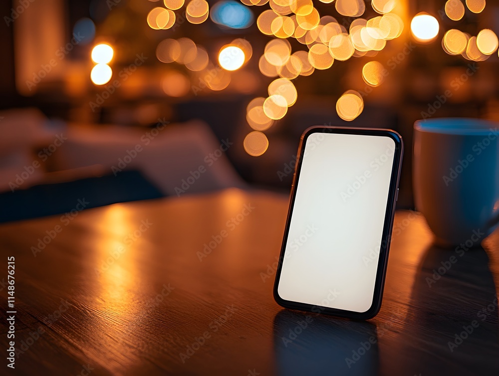 Aufkleber modern smartphone on wooden table with soft bokeh lights in the background, ideal for showcasing tec