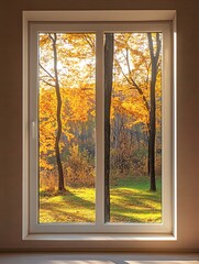 Golden autumn light pours through a window revealing a serene forest landscape