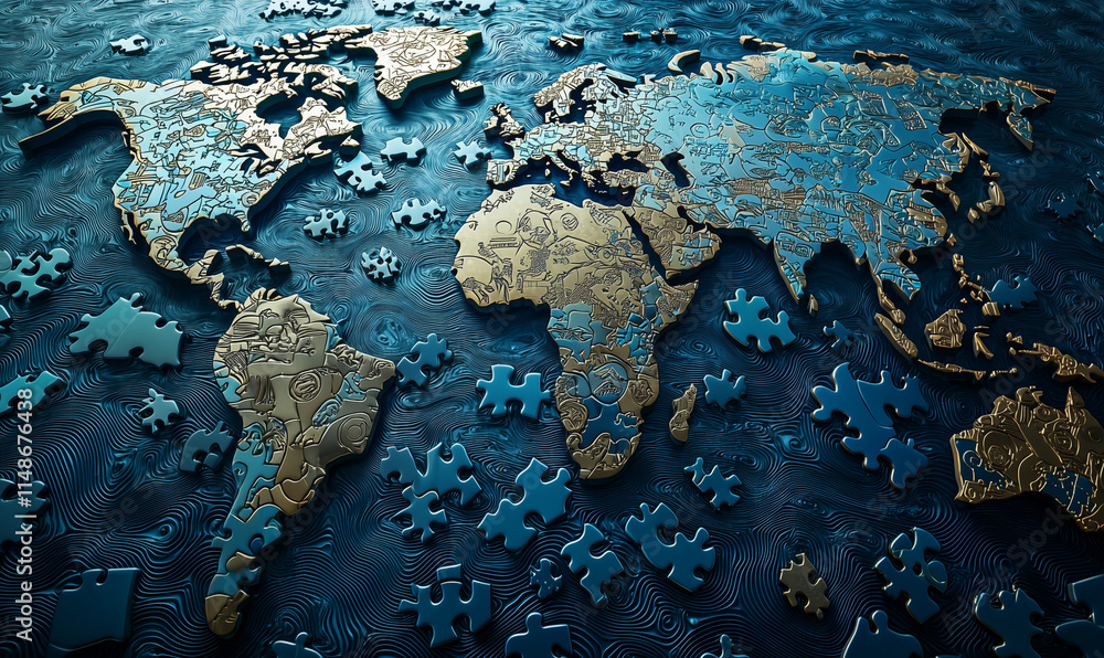 Poster promoting diversity and equality through global unity world map puzzle design artistic representatio