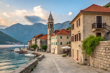 Fototapeta premium The historic town of Purist, located at the Bay of Kotor, offers stunning views of the Adriatic, with charming stone streets, medieval architecture, and vibrant summer energy.
