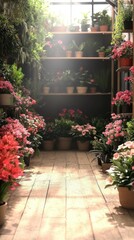 Fototapeta premium Garden Blossoms. Sunlit pink flowers potted plants garden pathway brig