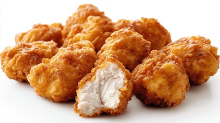 Crispy Golden Chicken Nuggets on White Background, Perfectly Fried and Deliciously Juicy, Ideal for Appetizers, Snacks, or Family Meals, Great Comfort Food Choice