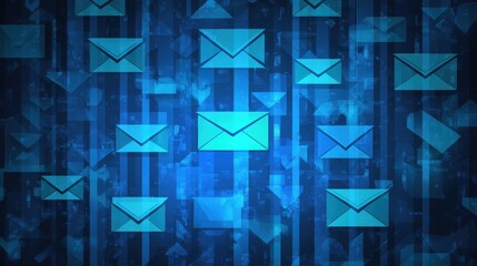 Abstract composition of digital mail envelopes with blue tones, depicting communication concepts and modern technology in a vibrant, tech-inspired background.