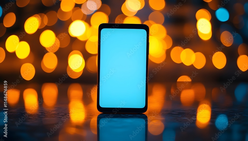 Poster Minimalist Smartphone Display on a Reflective Surface with an Orange and Blue Bokeh Background Creating a Dreamy Atmosphere for Modern Technology Concepts