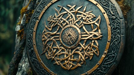 Obraz premium Ornate shield, dark metal, gold inlay, Celtic knots.