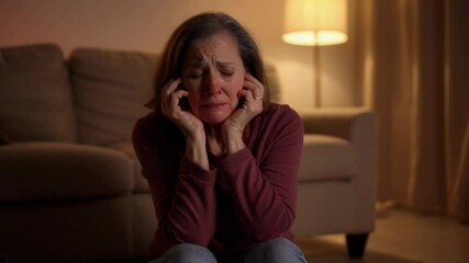 video of Unhappy middle-aged woman crying while sitting alone on the floor at home