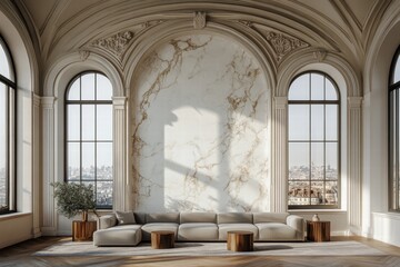 Elegant Modern Living Room Interior with Marble Wall and Arched Windows Overlooking Cityscape Under Bright Natural Light