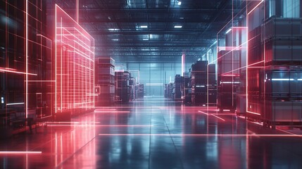 Futuristic warehouse with glowing lines and high-tech storage systems.
