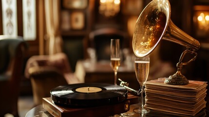 Obraz premium Record player, champagne flutes, vintage gramophone, books.