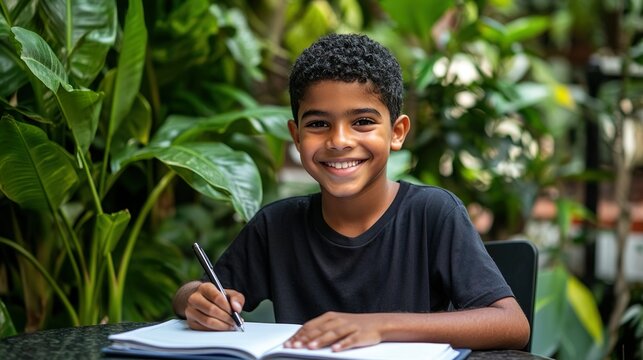 Smiling Child Writing and Learning in Natural Outdoor Setting Surrounded by Greenery