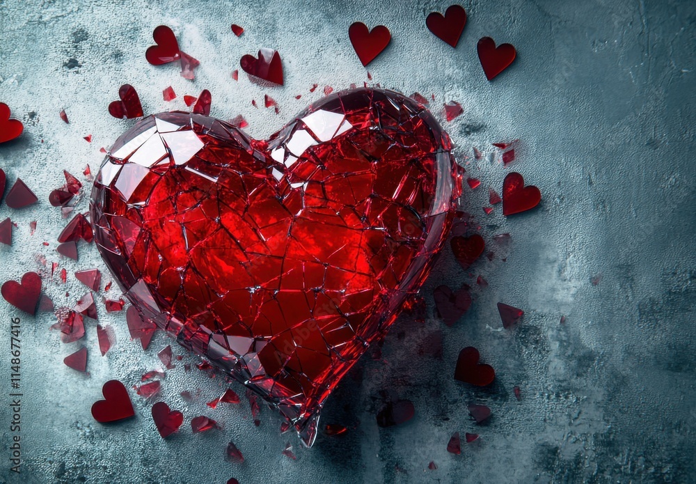 Poster broken red heart on a gray background, around scattered fragments of a large heart in the form of sm