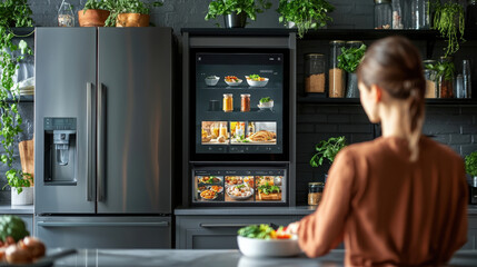 Modern kitchen with smart refrigerator and woman preparing a healthy meal