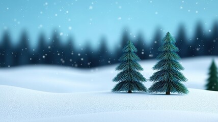 Naklejka premium A serene winter landscape featuring two evergreen trees surrounded by soft snow and gently falling snowflakes.