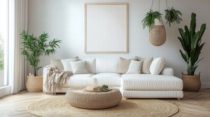 Bright and Airy Living Room with Natural Textures and Indoor Plants, Featuring a Cozy White Sofa and a Round Woven Coffee Table on a Light Wood Floor