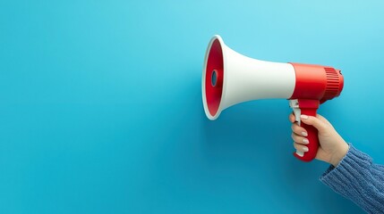 Close-Up of Hand Holding a Megaphone Highlighted with Red on Light Blue Backdrop