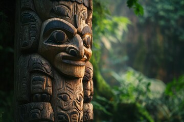 Carved wooden pole, multiple faces, lush green background.