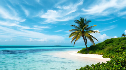 Tropical paradise, lone palm tree, pristine white sand beach
