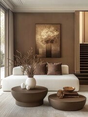 Discover the beauty of a chic modern living space that prominently features Pantones 2025 Color of the Year, Mocha Mousse, which creates a serene and inviting atmosphere for relaxation and comfort