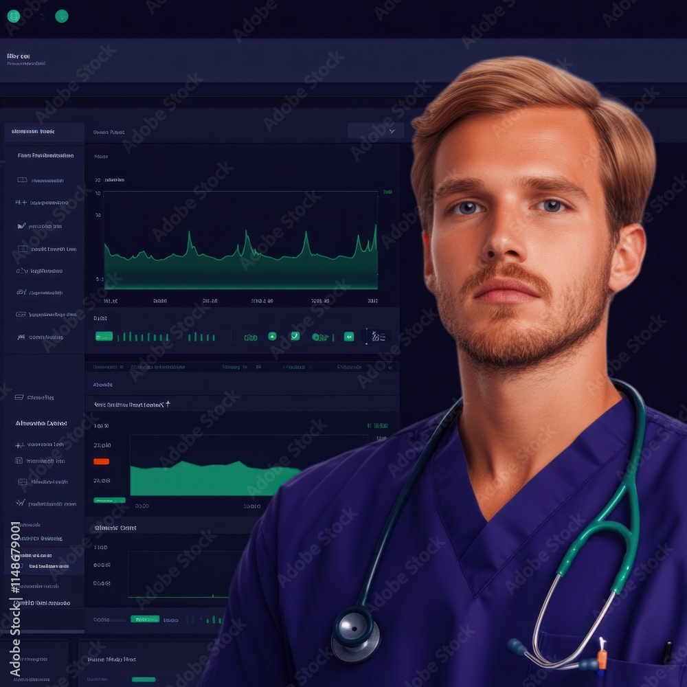 Aufkleber young male healthcare professional in scrubs analyzing data on computer screen with graphs and chart