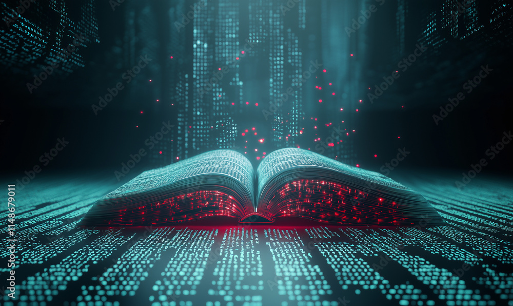 Aufkleber a glowing, digital book opens amidst a sea of binary code, symbolizing the fusion of knowledge and t
