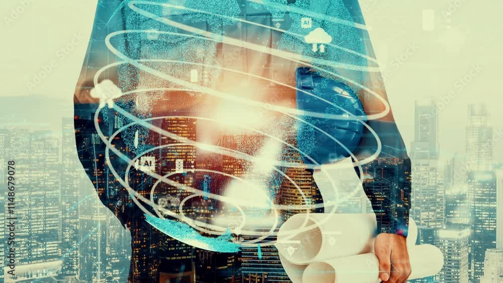 Poster future building construction and inventive engineering project concept with hud hologram graphic des