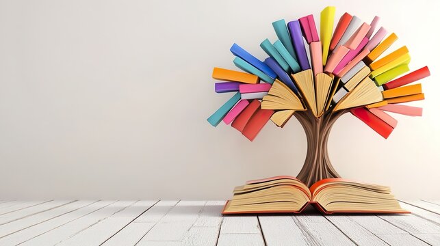 Minimalist 3D Tree Composed of Books Artistic Abstract Educational Style