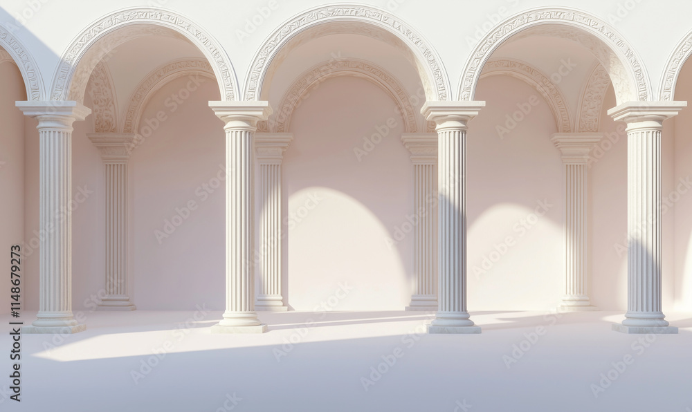 Poster a serene architectural space featuring elegant columns and arches, illuminated by soft light, creati