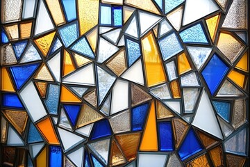 Colorful geometric stained glass window showcasing intricate patterns of blue, orange, yellow, and white, creating a vibrant and artistic visual display for architectural beauty
