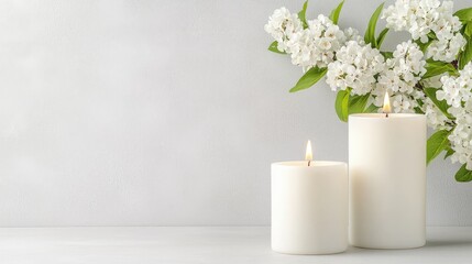 Two lit white candles and blooming white flowers on a white background.