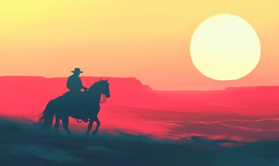 Silhouetted rider, horse, sunset, red landscape.
