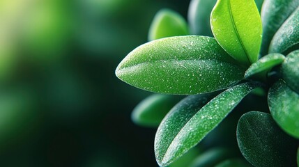 Lush Green Leaves with Dew Drops - Close-up Nature Photography