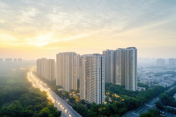 Fototapeta premium Aerial view of Delhi city landscape. Modern tower blocks line highway. Trees, green spaces surround buildings. Busy highway visible. Sunrise sunset light casts warm glow over scene. Development,