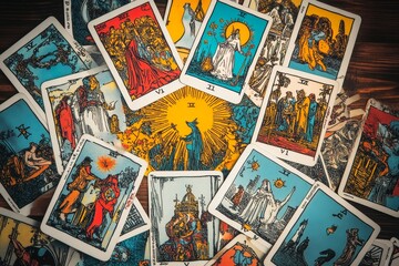 Tarot cards laid out in a Celtic Cross spread revealing hidden meanings and mysteries.