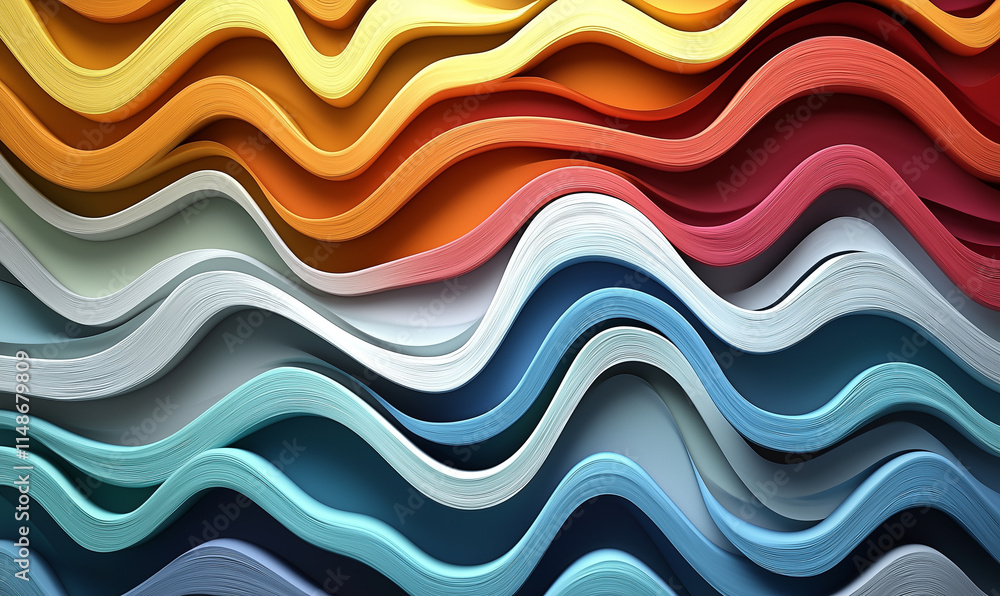 Poster a vibrant, abstract design featuring layered waves in various colors, emphasizing texture and moveme