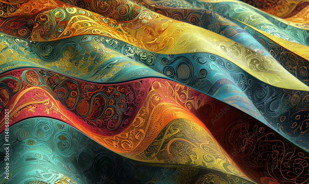 Poster a vibrant, textured fabric with ornate patterns and rich colors, flowing in gentle waves, creating a