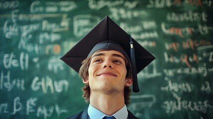 A graduate standing in front of a chalkboard with congratulatory messages written by friends