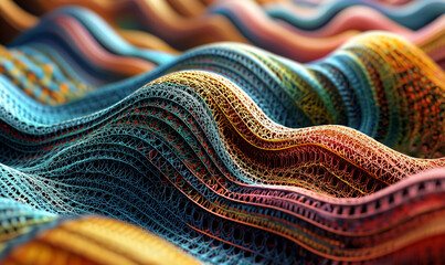 A vibrant abstract representation of colorful, flowing waves, showcasing intricate textures and patterns in a dynamic composition.