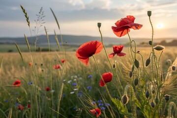 Natural spring summer landscape with red poppies