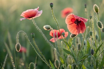 Naklejka premium Natural spring summer landscape with red poppies