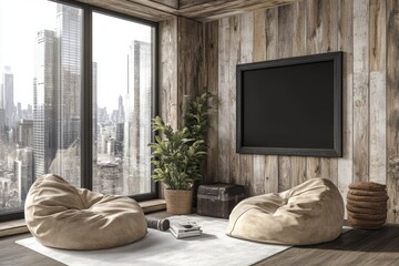 Cozy and Modern Living Space with Bean Bags, Potted Plant, Large Windows, and Urban City View for Relaxation and Comfort in Contemporary Design