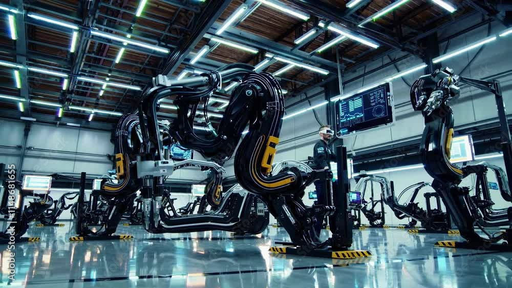 Poster innovative technology showcased in advanced robotics facility with automated machinery and virtual r