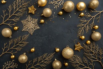 Gold ornaments (christmas baubles and branches) on dark black concrete table background