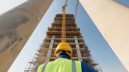 Construction engineers inspect reinforced concrete columns on high-rise construction site. Perform quality assurance checks. Crane visible in scene. Tall building under construction seen. Engineers