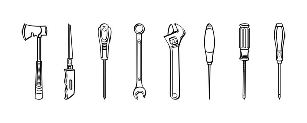 Hand drawn black and white tool icons. axe, utility knife, screwdriver, wrench, spanner - perfect for DIY, crafting, and repair projects