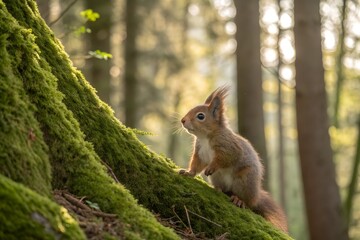 Sweet young red squirrel (sciurus vulgaris) baby on a mossy tree trunk in forest