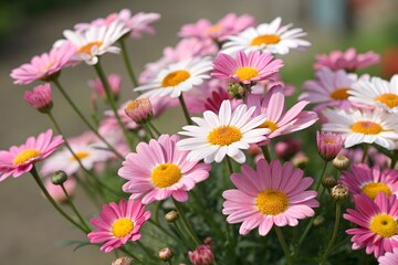 Fototapeta premium Vivid Pink and White Daisies in a Full Bloom Floral Pattern with Yellow Centers